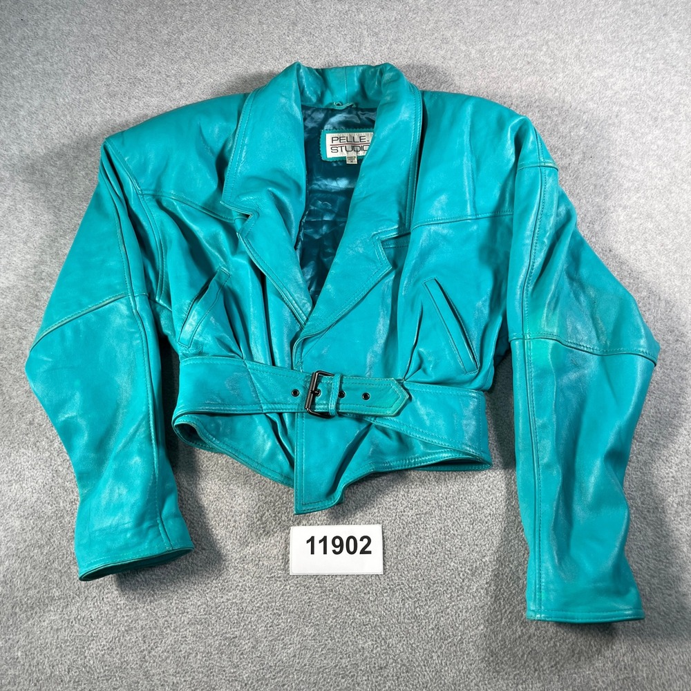 Vintage Pelle Studio Leather Jacket Womens Medium Aqua Blue Notch Lapel Lined